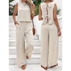 Women's Scallop Hem Two-Piece Set | Sleeveless Back Tie Top & Wide Leg Pants Casual Outfit