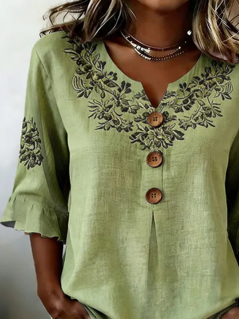 Women's Half Sleeve Blouse Summer Green Floral Printing V Neck Daily Going Out Vintage Top
