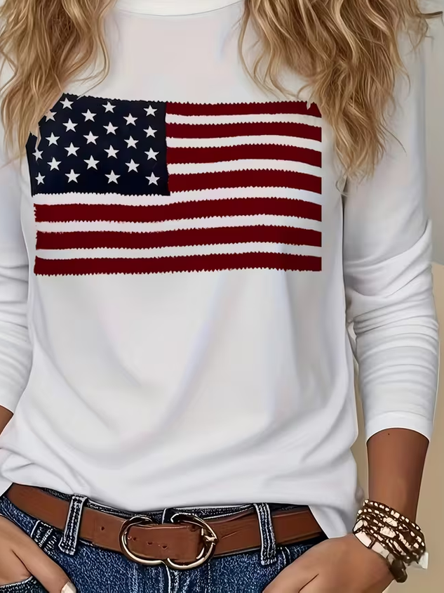Women's USA 250th Anniversary Long Sleeve T-shirt Spring/Fall White America Flag Printing Jersey Crew Neck Daily Going Out Casual Top