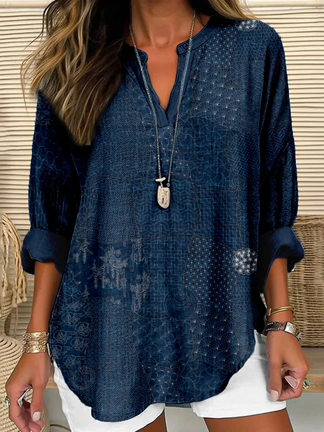 Women's Long Sleeve Blouse Spring/Fall Purplish blue Abstract Printing Cotton-Blend V Neck Daily Going Out Casual Top
