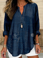 Women's Long Sleeve Blouse Spring/Fall Purplish blue Abstract Printing Cotton-Blend V Neck Daily Going Out Casual Top