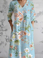 Women's Vintage Lovely Floral Art Print Pocket Cotton Dress