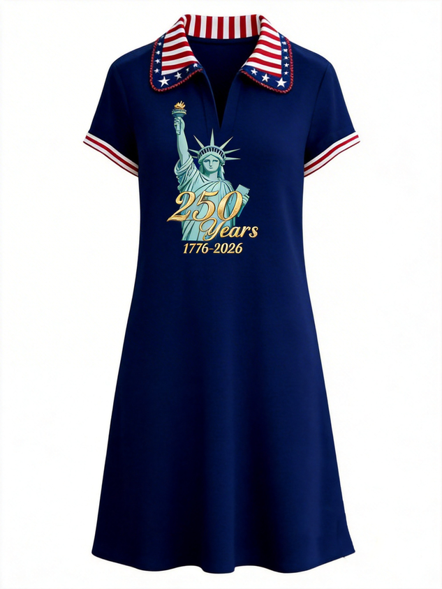 Shawl Collar Casual Loose Independence Day Shirt Dress With No
