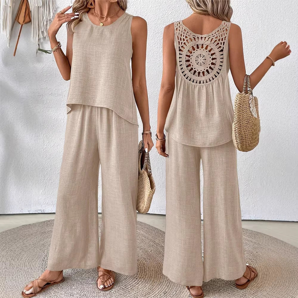 Women's Lace hollow Back Two-Piece Set | Sleeveless Top & Wide Leg Pants Casual Outfit