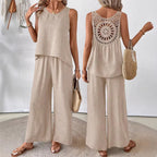 Women's Lace hollow Back Two-Piece Set | Sleeveless Top & Wide Leg Pants Casual Outfit