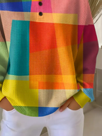 Women's Abstract Print Button-Up Casual Waffle Knit Sweatshirt