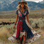 Women's Retro Independence Day Floral Patchwork Art Casual Linen Short Sleeve Maxi Dress