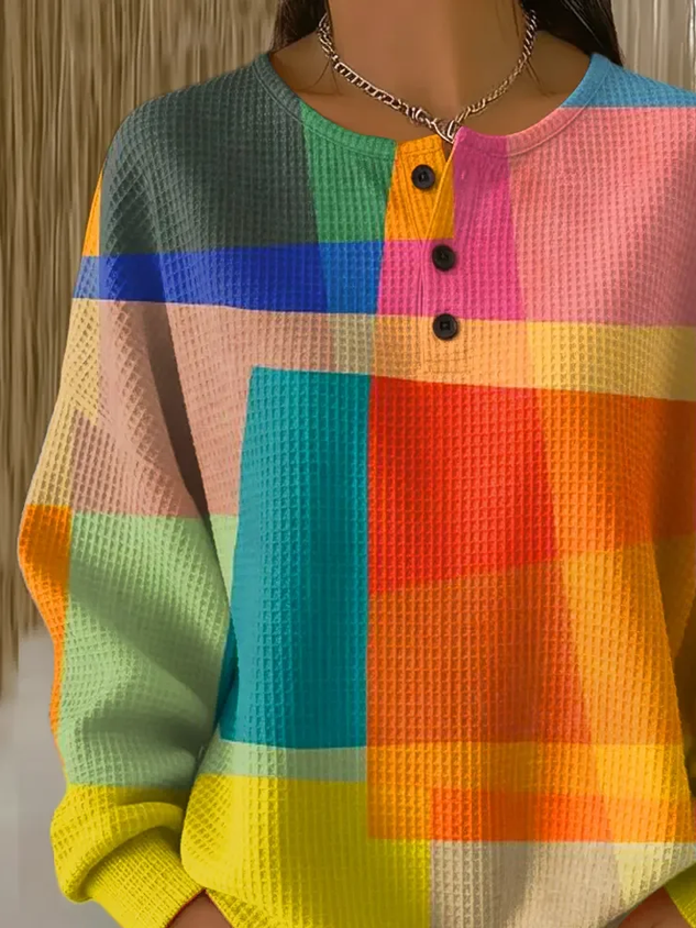 Women's Abstract Print Button-Up Casual Waffle Knit Sweatshirt