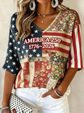 3D Printing V Neck America Flag Floral 250th Anniversary Spring Summer Vintage Casual T-Shirt