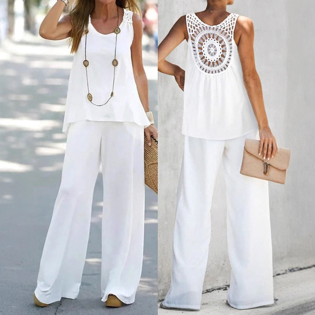 Women's Lace hollow Back Two-Piece Set | Sleeveless Top & Wide Leg Pants Casual Outfit