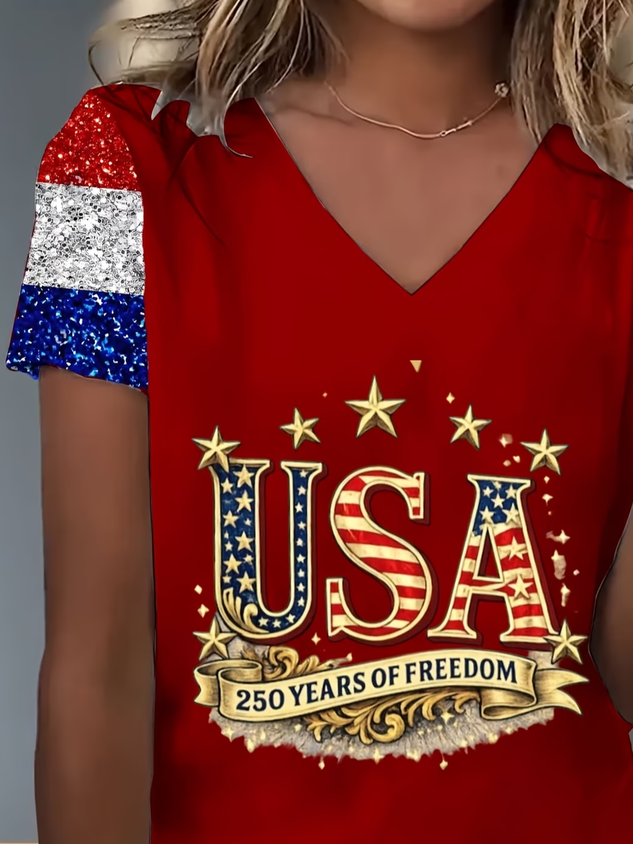 Women's Short Sleeve T-shirt Summer Red America Flag Jersey V Neck Holiday Going Out Casual Top
