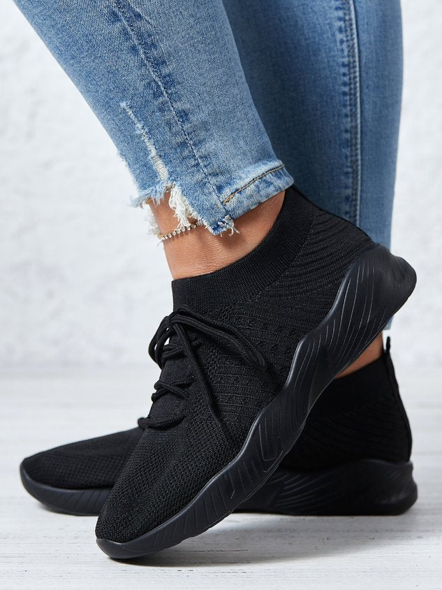 Mesh Platform Solid Color Lace-Up Flyknit Lightweight Soft Sole Slip-On Sneakers
