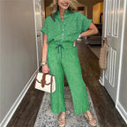 Women's Striped Cotton Linen Two-Piece Set | Short Sleeve Lapel Shirt & Drawstring Wide Leg Pants