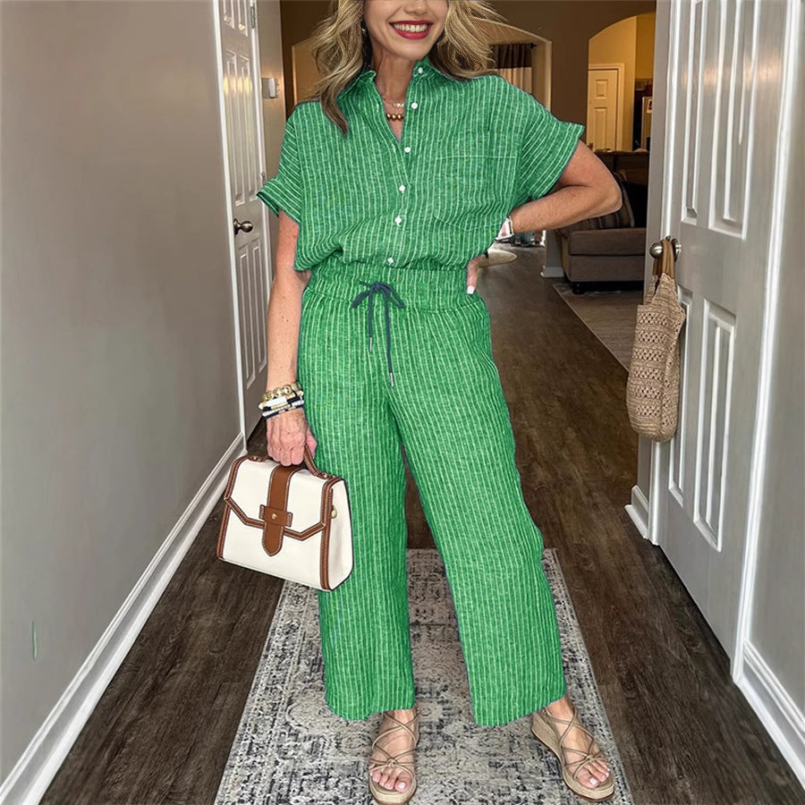 Women's Striped Cotton Linen Two-Piece Set | Short Sleeve Lapel Shirt & Drawstring Wide Leg Pants