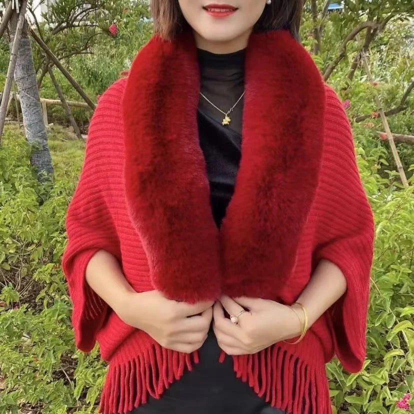 Fringe jacket with knitted shawl for women