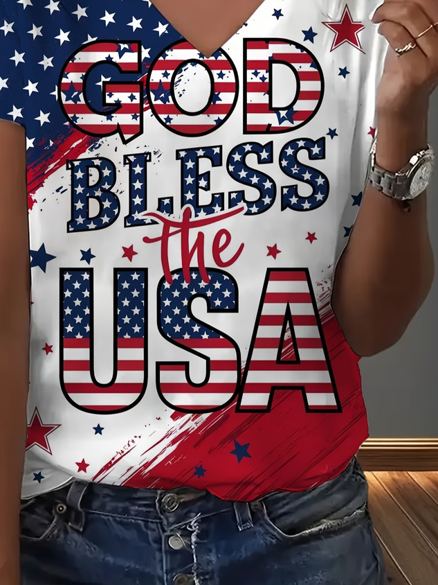 Women's Short Sleeve T-shirt Summer As Picture America Flag Jersey V Neck Holiday Going Out Casual Top