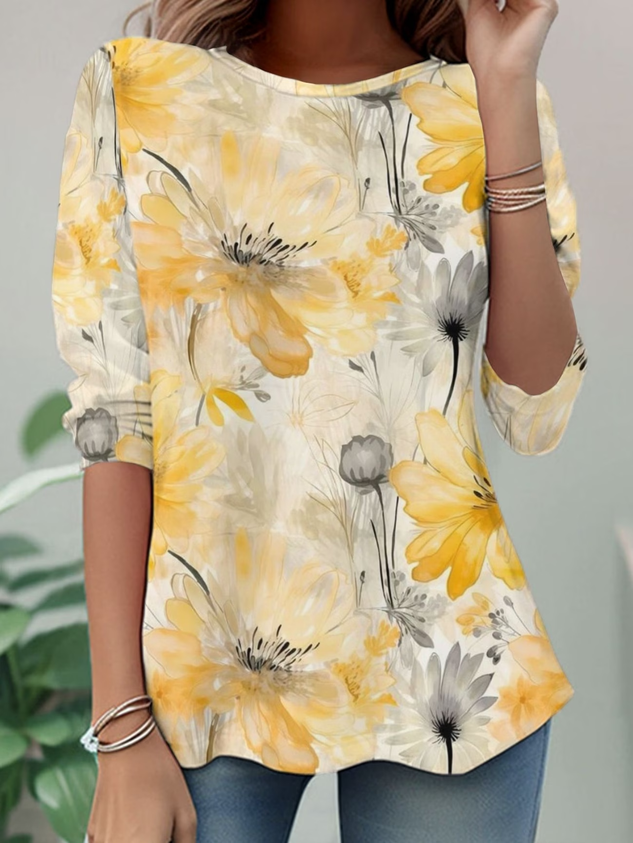 Women's Long Sleeve T-shirt Spring/Fall Yellow Floral Jersey Crew Neck Daily Going Out Casual Top
