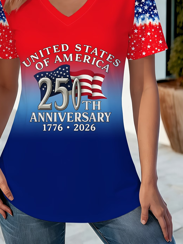 Women's Short Sleeve T-shirt Summer As Picture America Flag Jersey V Neck Holiday Going Out Casual Top