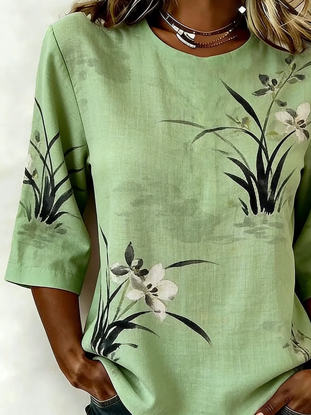 Women's Half Sleeve Blouse Summer Green Floral Printing Crew Neck Daily Going Out Vintage Top