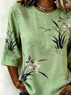 Women's Half Sleeve Blouse Summer Green Floral Printing Crew Neck Daily Going Out Vintage Top