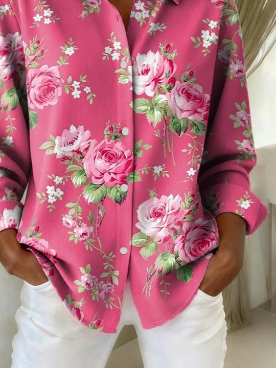 Women's Long Sleeve Shirt Spring/Fall Pink Floral Buckle Shirt Collar Regular Sleeve Daily Going Out Casual Top