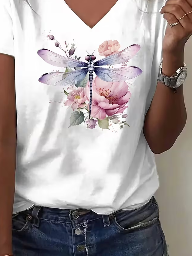Women's Short Sleeve T-shirt Summer White Dragonfly Printing V Neck Holiday Going Out Vintage Top