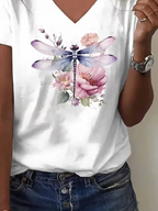 Women's Short Sleeve T-shirt Summer White Dragonfly Printing V Neck Holiday Going Out Vintage Top