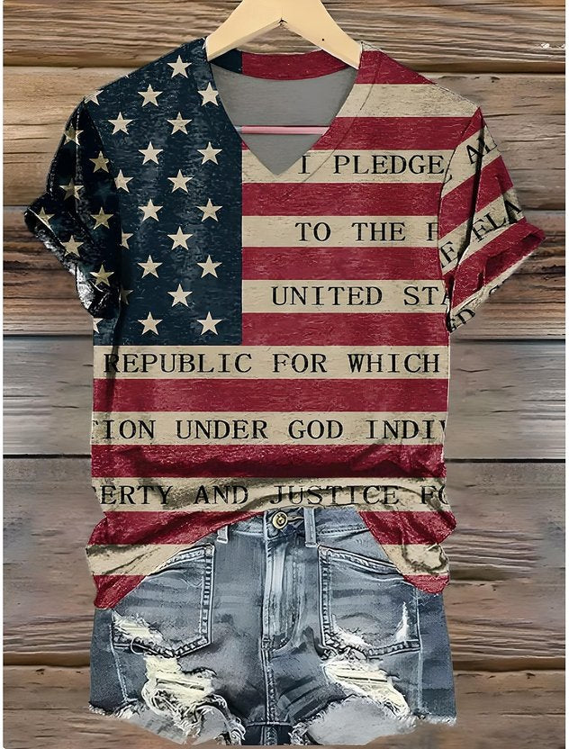 Independence Day Elegant V Neck Cotton T-Shirt