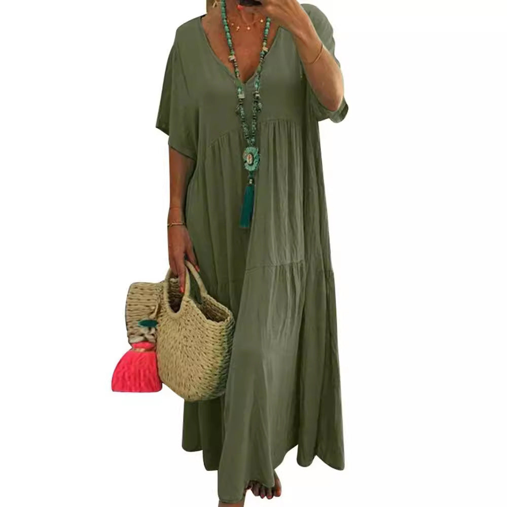 V-neck irregular long flared dress