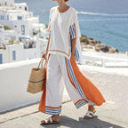 Contrast Color Striped T-shirt Linen Blend Two Piece Set