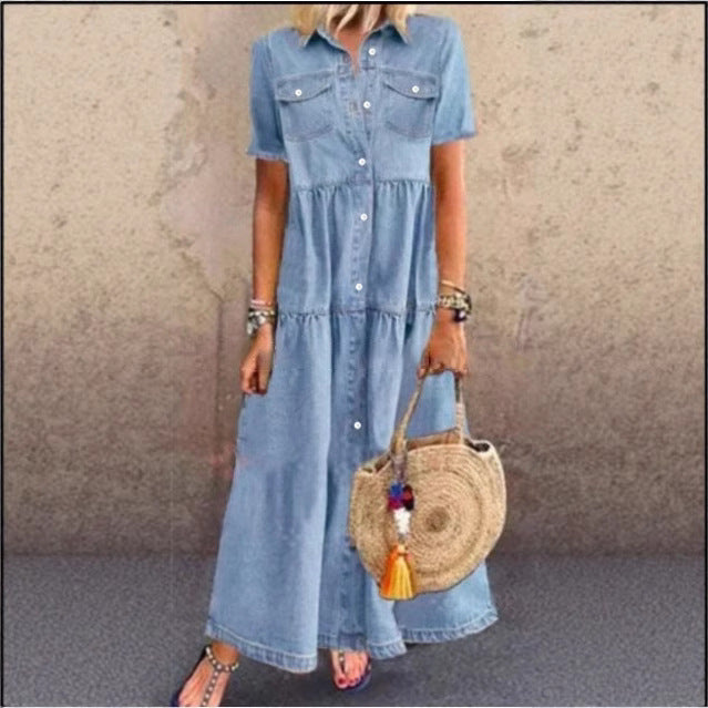 Solid color single-breasted denim dress