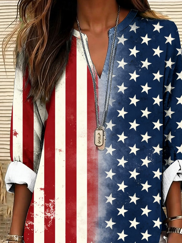 Women's Long Sleeve Blouse Spring/Fall As Picture America Flag Printing Cotton-Blend V Neck Daily Going Out Casual Top